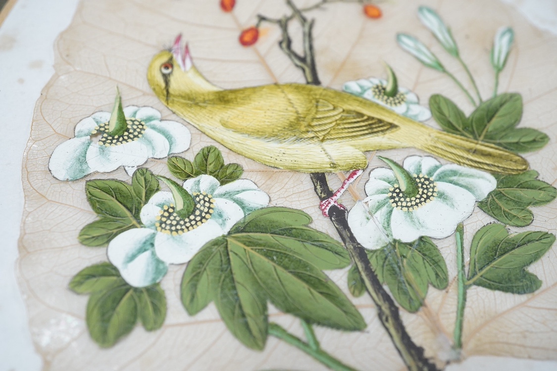 Chinese School, pair of pith paper paintings, to include Figures hunting, together with a pair of paintings on leaves, Birds of paradise amongst flowers, largest 19 x 31cm. Condition - fair